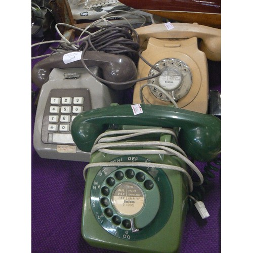 303 - 3 X RETRO VINTAGE TELEPHONES. A 2-TONE GREEN, 2-TONE MUSHROOM/CHOCOLATE, AND A CREAM