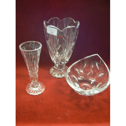 293 - SMALL HEAVY CUT-GLASS BOWL AND 2 VASES.