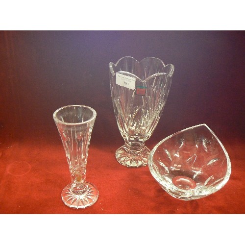 293 - SMALL HEAVY CUT-GLASS BOWL AND 2 VASES.