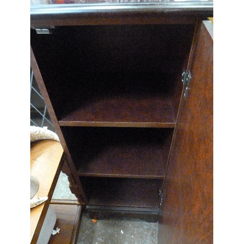 489 - PAIR OF DARK WOOD CUPBOARDS WITH SHELVES. 1 IS A CD  RACK.