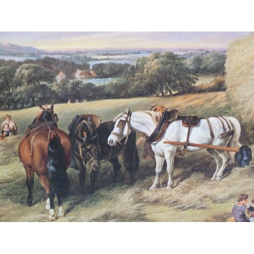 501 - LARGE REPRODUCTION VICTORIAN PRINT OF A HARVEST SCENE WITH FARM WORKERS AND HORSES. 