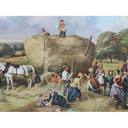 501 - LARGE REPRODUCTION VICTORIAN PRINT OF A HARVEST SCENE WITH FARM WORKERS AND HORSES. 