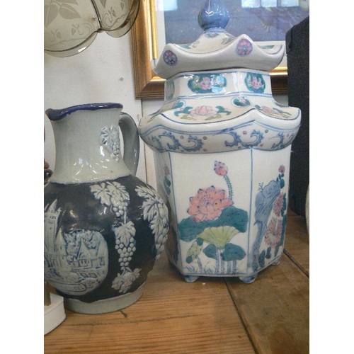 171 - CERAMIC COLLECTION, INC WEST GERMAN JUG, 2 STRAWBERRY VASES, AND A PAGODA POT WITH LID.