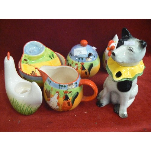 328 - TONY WOOD-STAFFORDSHIRE DOG WITH SPOUT AND LID. SET OF PORTUGESE CHICKEN CERAMICS, AND 2 LARGE CHICK... 