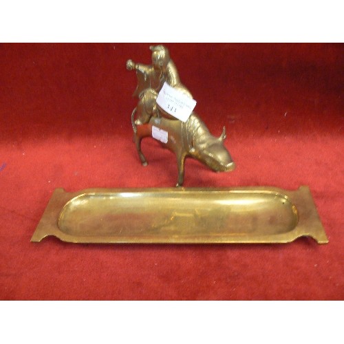 343 - ANTIQUE BRASS CHINESE FIGURE RIDING A BUFFALO, PROBABLY AN INCENSE BURNER, ALSO A BRASS INCENSE OR O... 