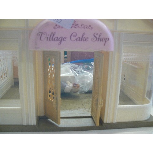 352 - SYLVANIAN FAMILIES VILLAGE CAKE SHOP, HOUSE, CHAPEL AND BAKERY. ALSO CHARACTERS, FURNITURE AND MISC ... 