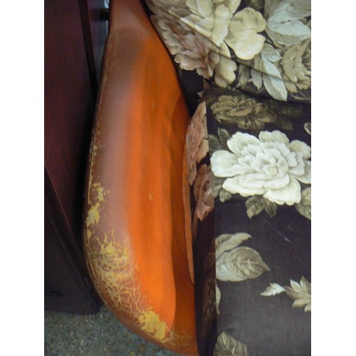 593 - VERY LARGE RETRO-VINTAGE ORANGE LEATHERETTE ARMCHAIR. CUSHIONS HAVE BEEN COVERED IN BROWN FLORAL FAB... 