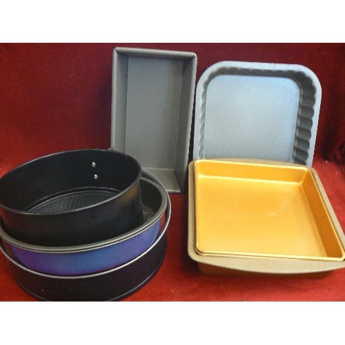 351 - BOX OF KITCHEN/HOUSEHOLD ITEMS. CAKE TINS, BAKEWARE ETC,