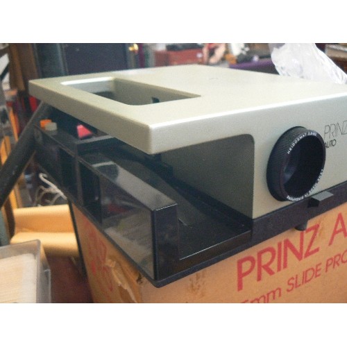 355 - PRINZ AUTO 35MM SLIDE PROJECTOR. WITH CABLES, CONTROLS, BOX ETC.