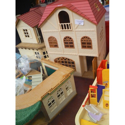 363 - SYLVANIAN FAMILIES. LARGE HOUSES, SCHOOLROOM, LONGBOAT. ALSO CHARACTERS AND FURNITURE ETC.