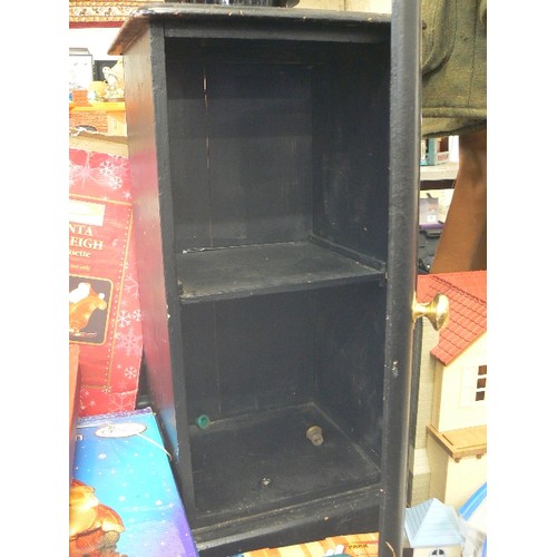 360 - SMALL BLACK PAINTED CABINET WITH BRASS KNOB. 1 INNER SHELF.