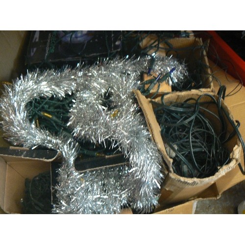 375 - 3 BOXES FULL OF MIXED CHRISTMAS DECORATIONS. LIGHTS, ORNAMENTS, TINSEL ETC