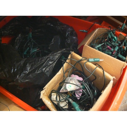 375 - 3 BOXES FULL OF MIXED CHRISTMAS DECORATIONS. LIGHTS, ORNAMENTS, TINSEL ETC