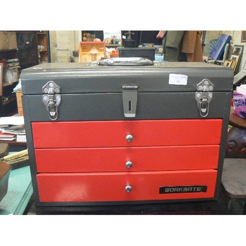 401 - GALVANISED METAL WORKMATE TOOLBOX. 3 DRAWERS AND A TOP OPENING LID.