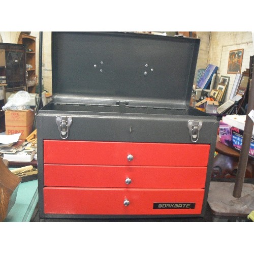 401 - GALVANISED METAL WORKMATE TOOLBOX. 3 DRAWERS AND A TOP OPENING LID.