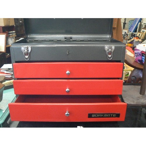 401 - GALVANISED METAL WORKMATE TOOLBOX. 3 DRAWERS AND A TOP OPENING LID.