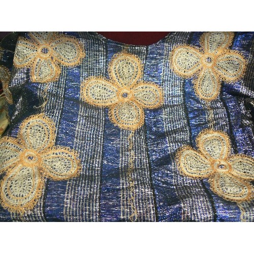 406 - DARK BLUE AFRICAN FABRIC AND A TUNIC TOP. SILVER THREAD RUNNING THROUGH THE FABRIC, LARGE EMBROIDERE... 