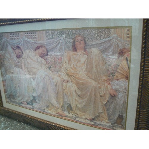 412 - LARGE PRINT 'DREAMERS' MANN.P. 3 PRE-RAPHAELITE LADIES, IN ORNATE COPPERED FRAME, GLAZED.