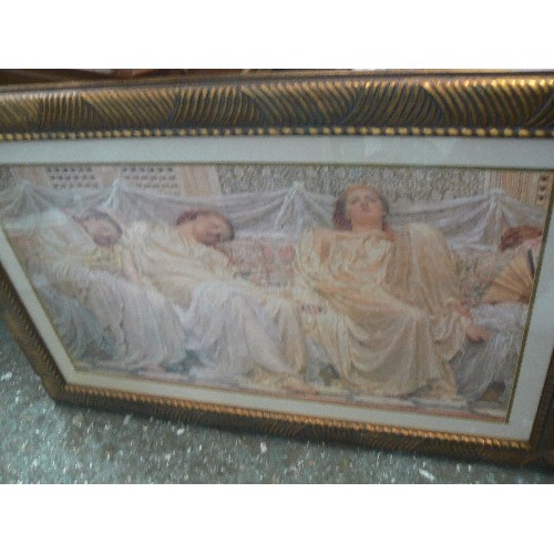 412 - LARGE PRINT 'DREAMERS' MANN.P. 3 PRE-RAPHAELITE LADIES, IN ORNATE COPPERED FRAME, GLAZED.