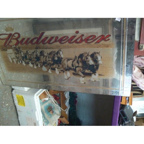 411 - BUDWEISER BRANDED WALL MIRROR. HEAVY HORSE AND DRAY FEATURE.