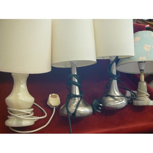 418 - 4 X SMALL TABLE LAMPS. INC A MATCHING PAIR OF BRUSHED STEEL WITH IVORY BARREL SHADES.