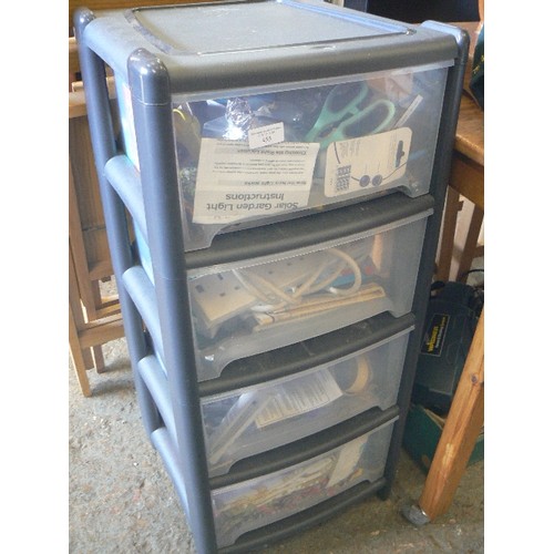 455 - 4 DRAWER PLASTIC STORAGE CHEST. FULL OF USEFUL CONTENTS..SCREWDRIVERS, SCISSORS, PARCEL TAPE, CABLES... 