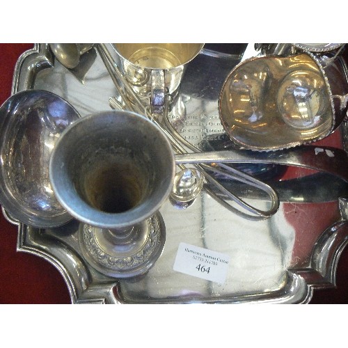 464 - COLLECTION OF VINTAGE SILVER PLATED ITEMS. LARGE LADLE, TEAPOT, CANDELABRA, CUTLERY, TRAY ETC.