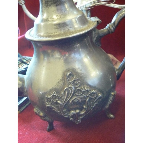 464 - COLLECTION OF VINTAGE SILVER PLATED ITEMS. LARGE LADLE, TEAPOT, CANDELABRA, CUTLERY, TRAY ETC.