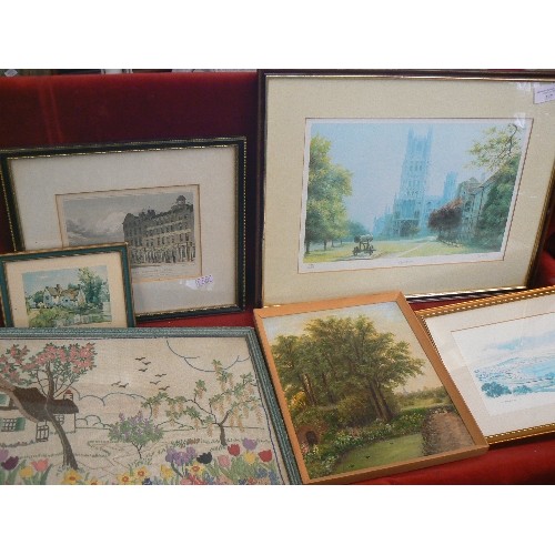 357 - 6 FRAMED VINTAGE PICTURES. INCLUDES OIL, EMBROIDERY, PRINTS ETC. MIXED SIZES AND SUBJECTS.