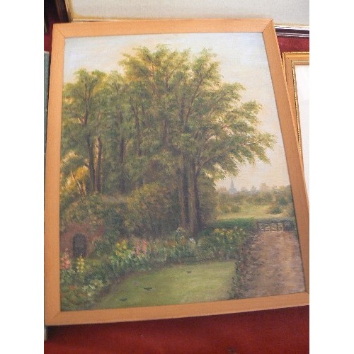 357 - 6 FRAMED VINTAGE PICTURES. INCLUDES OIL, EMBROIDERY, PRINTS ETC. MIXED SIZES AND SUBJECTS.