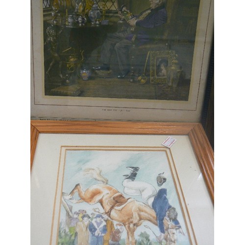 470 - 4 FRAMED PICTURES, INCLUDING 2 X HORSE JUMPING THEMED WATERCOLOURS BY GL KINCH. 'FROSTY MORNING' WOR... 