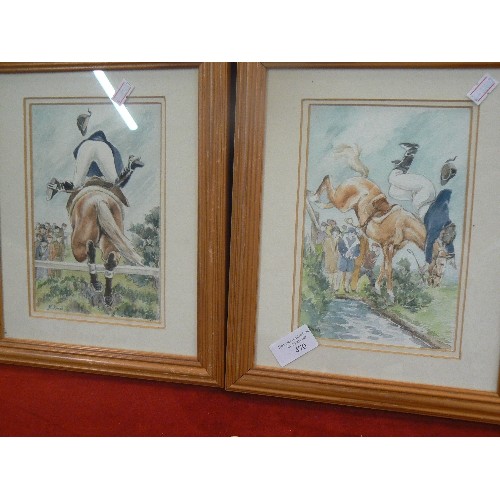 470 - 4 FRAMED PICTURES, INCLUDING 2 X HORSE JUMPING THEMED WATERCOLOURS BY GL KINCH. 'FROSTY MORNING' WOR... 