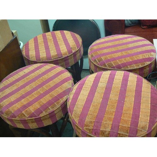 474 - SET OF 4 BAR STOOLS WITH LARGE CIRCULAR PADDED SEATS. CERISE & ORANGE STRIPED FABRIC.