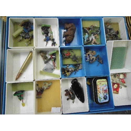 484 - 3 X POLY-BOXES CONTAINING TINY SOLDIERS & FIGURES, MINIATURE ITEMS ETC. ALSO AN AIRFIX PANTHER TANK ... 