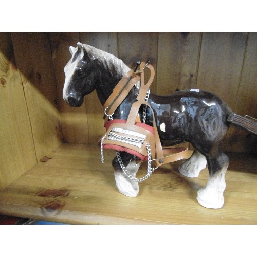 508 - CERAMIC SHIRE/HEAVY HORSE WITH WOODEN DRAY AND BARRELS.