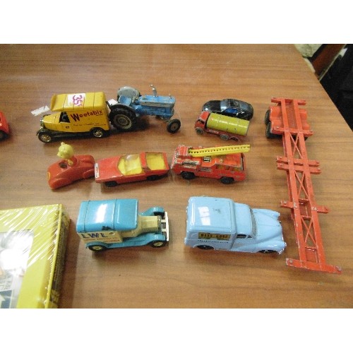 516 - 12 X MIXED VINTAGE LESNEY AND OTHER DIE-CAST VEHICLES. INC TRACTORS, RUPERT BEAR IN A CAR, WEETABIX ... 