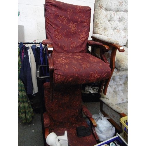 517 - PAIR OF FIRESIDE CHAIRS WITH DARK BURGUNDY FLORAL FABRIC AND REDWOOD FRAMES.