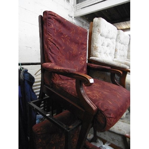 517 - PAIR OF FIRESIDE CHAIRS WITH DARK BURGUNDY FLORAL FABRIC AND REDWOOD FRAMES.