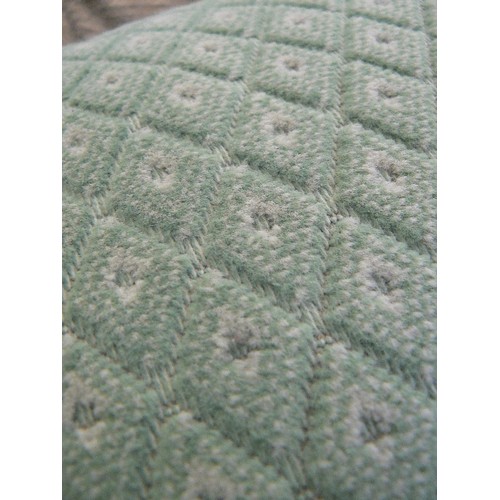 621 - ELECTRONIC RECLINING CHAIR IN A SOFT PALE JADE DIAMOND PATTERNED FABRIC. BIG SQUISHY HEADREST.