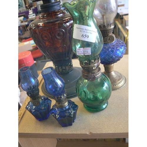 659 - 5 X VINTAGE COLOURED GLASS OIL LAMPS. WITH COLOURED GLASS RESERVOIRS. 3 ARE TINY.