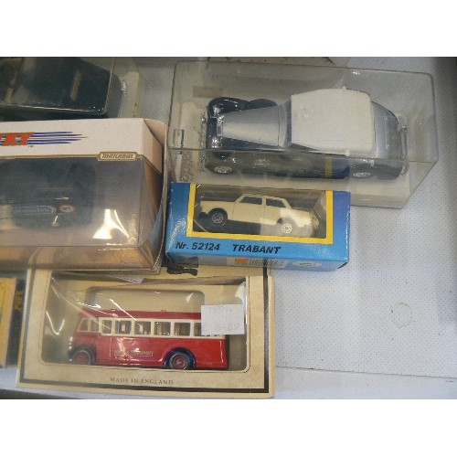 578 - 8 X DIE-CAST VEHICLES. BOXED/UNUSED. SOLIDO, MATCHBOX ETC. INC BUGATTI, TRABANT, 1909 OPEL COUPE,  F... 