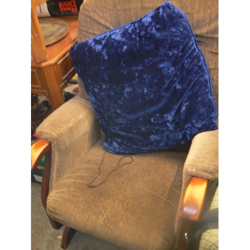 618 - COMFORTABLE FIRESIDE CHAIR. COFFEE/CHOCOLATE CHENILLE FABRIC. WITH ROYAL BLUE SCATTER CUSHION.