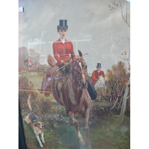 674 - 3 X FOX-HUNT/HORSE & HOUNDS PRINTS. SIGNED J.CHARLTON. FRAMED/GLAZED. INC 'THE LAST FENCE'