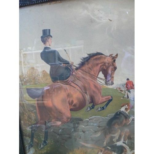 674 - 3 X FOX-HUNT/HORSE & HOUNDS PRINTS. SIGNED J.CHARLTON. FRAMED/GLAZED. INC 'THE LAST FENCE'