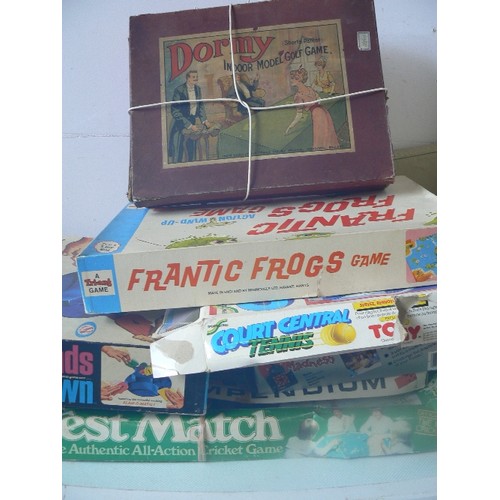 679 - VINTAGE GAMES. FRANTIC FROGS, DORMY INDOOR MODEL GOLF, TEST MATCH CRICKET GAME, HANDS DOWN, TOMY COU... 