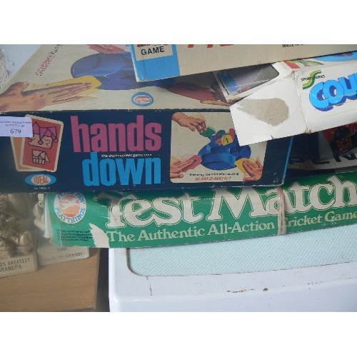 679 - VINTAGE GAMES. FRANTIC FROGS, DORMY INDOOR MODEL GOLF, TEST MATCH CRICKET GAME, HANDS DOWN, TOMY COU... 