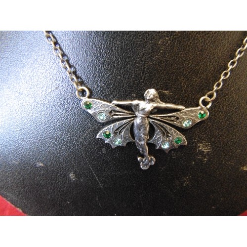 25 - SILVER METAL NECKLACE WITH FAIRY PENDANT WITH WINGS SPREAD AND GREEN STONES