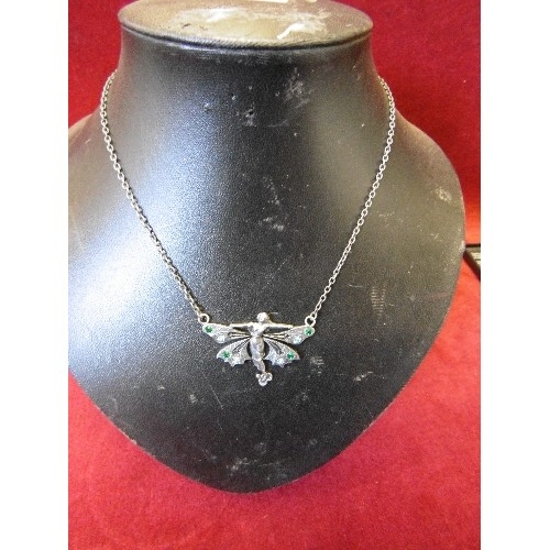 25 - SILVER METAL NECKLACE WITH FAIRY PENDANT WITH WINGS SPREAD AND GREEN STONES