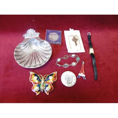 40 - SILVER PLATE SHELL DISH, ACCURIST LADIES WATCH, PARIS EIFFEL TOWER PENDANT, GLASTONBURY ABBEY PENDAN... 