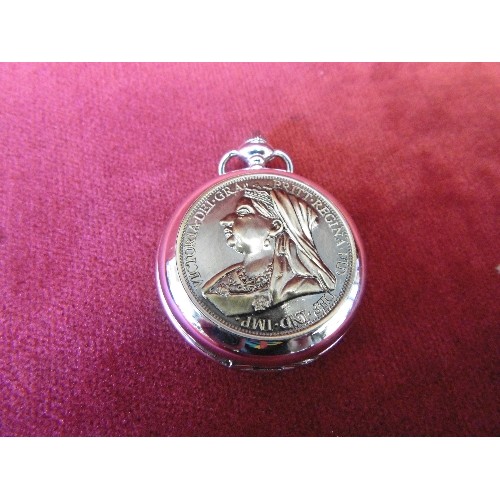 43 - QUARTZ SILVER METAL POCKET WATCH WITH VICTORIAN PENNY COVERS